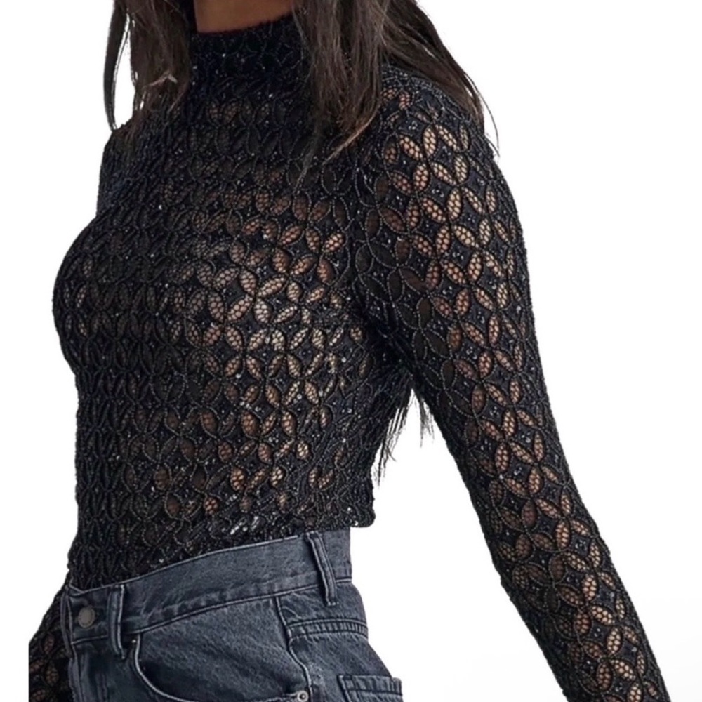NEW Retrofete $495 Mika Top in Black Beaded Lace Sequin, Small - Picture 7 of 17